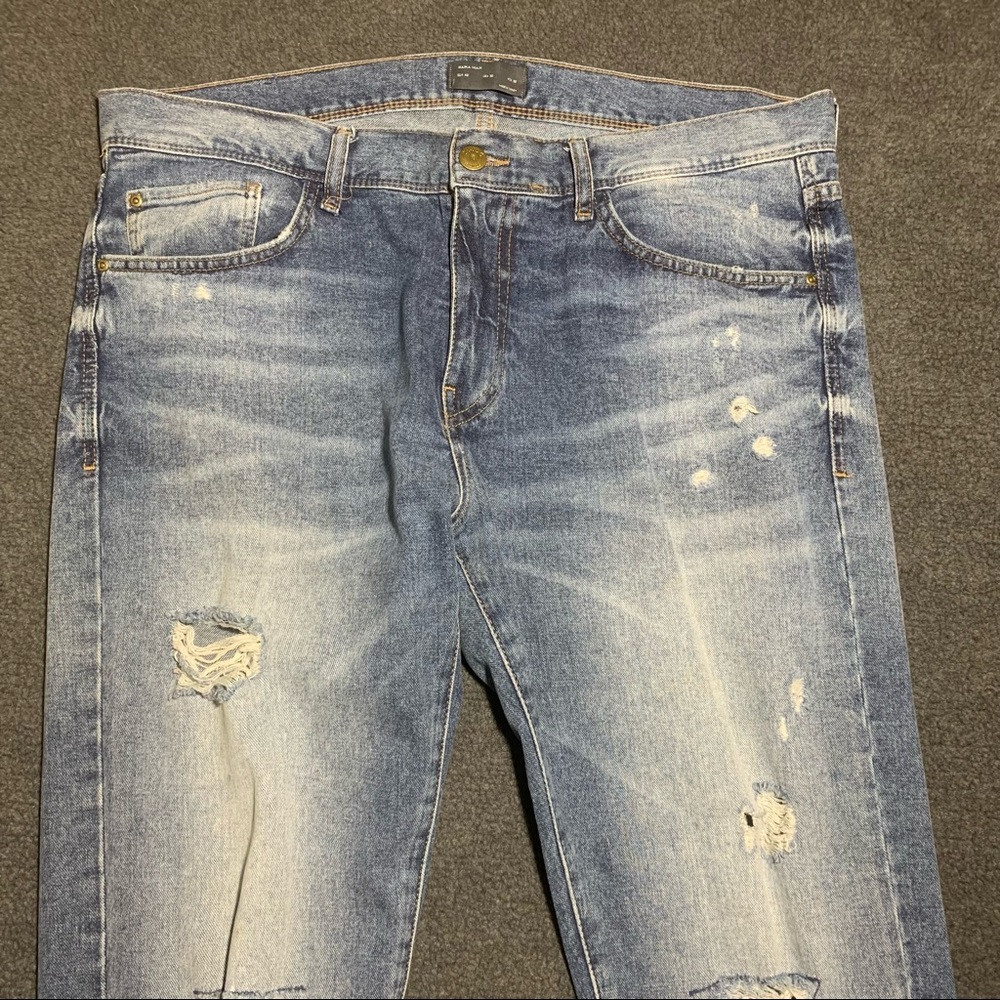 Zara Man Skinny Fit Jeans Mens Size 36 Medium Wash Knee Zip Denim Holes Distress